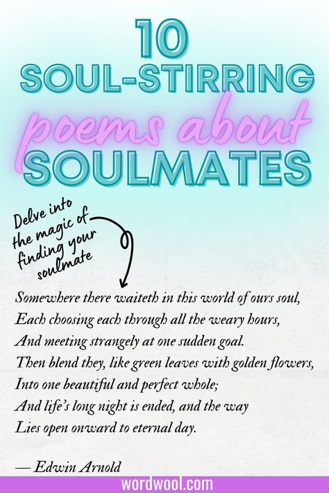 Explore the magic of connection with our enchanting collection of poems about soulmates! These heartfelt verses capture the beauty of deep love and unbreakable bonds, celebrating the unique journey of two souls destined to be together. Perfect for sharing with your soulmate or as a romantic gift, these poems will inspire you to cherish every moment of your special relationship. Let the words resonate and remind you of the love that transcends time! Poems About Soulmates, Soulmate Poems, About Soulmates, Destined To Be Together, Best Poems, Cherish Every Moment, Collection Of Poems, Finding Your Soulmate, Deep Love