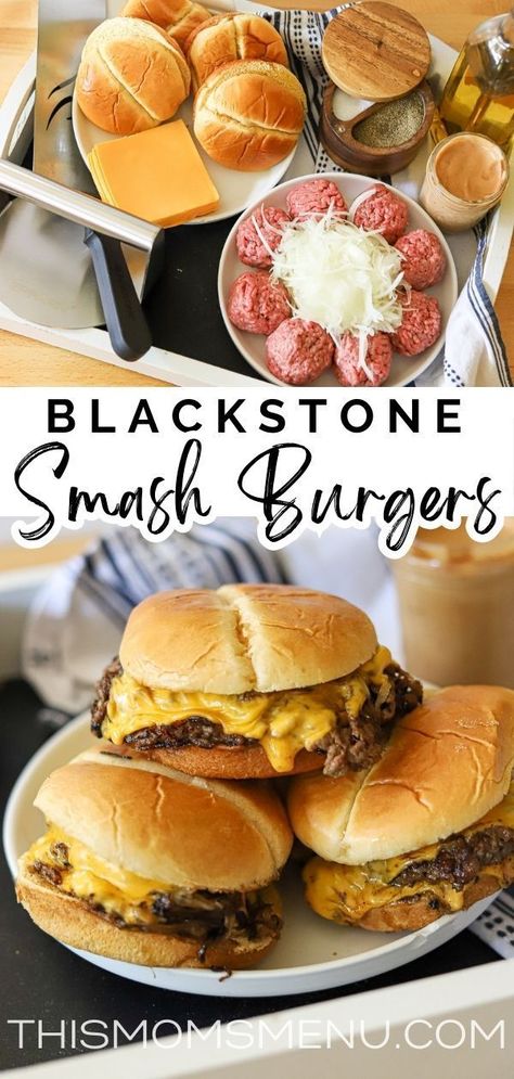 Tailgate Blackstone Recipes, Game Day Burgers, Smash Butter Burger, Diy Smash Burger, Hamburger Meat Recipes On Blackstone, Homemade Smash Burgers, How To Make A Smash Burger, Smashburgers Recipe Blackstone, Blackstone Burgers And Sides