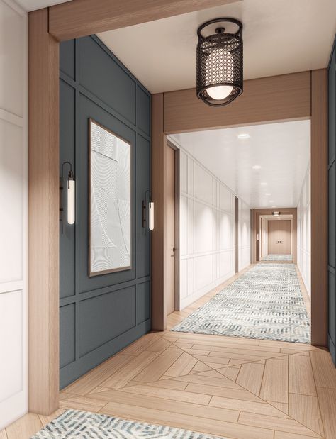 Hotel Prefunction Design, Corridor Door Design, Traditional Corridor Design, Unit Corridor Design, Hotel Corridors Interior Design, Senior Living Corridor Design, Traditional Lobby Design, Commercial Corridor Design, Residential Corridor Design