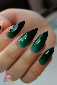 Wicked Movie Inspired Nails, Green Ombre Nails Almond, Dark Green Ombre Nails, Ombre Nails Green, Movie Inspired Nails, Ombre Nails Almond, Green Ombre Nails, Nails Acrylic Almond, Wicked Movie