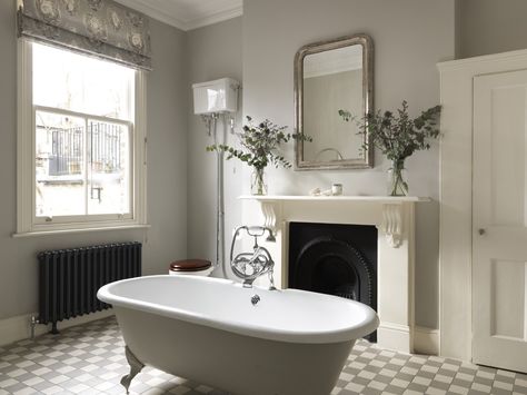 Grey luxury bathroom with roll top bath painted in French grey paint by little greene company Interior Design Office Studio, Grey Bathrooms Designs, Norfolk House, Bathrooms Luxury, Colefax And Fowler, Victorian Bathroom, Roll Top Bath, South Devon, Bath Mixer