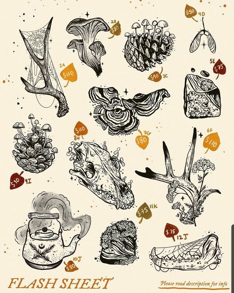 Engraving Tattoo, Funky Tattoos, Bone Tattoos, Mushroom Tattoos, Flash Tattoo Designs, Flash Sheet, Spooky Tattoos, Tattoo Portfolio, 1 Tattoo