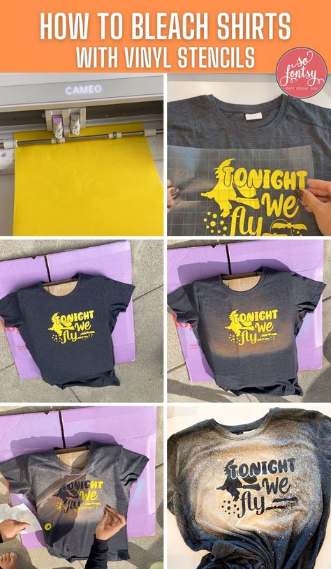 How to Bleach Shirts with Vinyl in 3 Easy Steps - So Fontsy How To Make A Bleached Shirt With Vinyl, Cricut Bleach Shirt Diy, Bleaching Shirts With Stencils, Bleach Shirts With Vinyl, Bleach Shirt With Stencil, How To Do Bleach Shirts, How To Spray Bleach A Shirt, How To Make Bleached Shirts, How To Make Printed Shirts