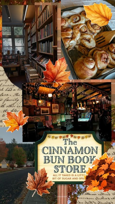 The Cinnamon Bun Book Store #thecinnamonbunbookstore #fall #book #cozy #lauriegilmore Cinnamon Bun Bookstore Aesthetic, The Cinnamon Bun Book Store Aesthetic, The Cinnamon Bun Book Store, Gilmore Books, Romcom Books, Book Reading Journal, Cinnamon Bun, Book Cafe, Book Wallpaper