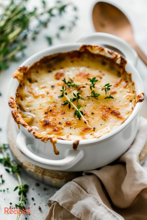 This traditional recipe for French Onion Soup, with caramelized onions, baguettes and Gruyère cheese is perfect for a cozy dinner or an appetizer. Authentic French Onion Soup, French Dinners, French Recipes Dinner, Best French Onion Soup, Italian Main Dishes, Classic French Onion Soup, Onion Soup Recipe, French Soup, French Onion Soup Recipe