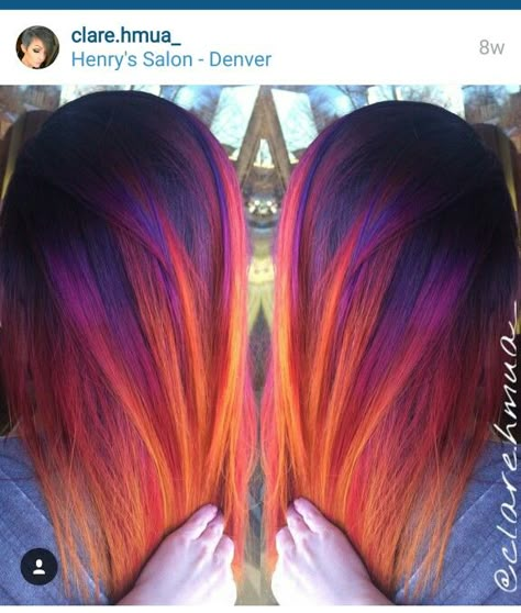 Perfect sunset hair Sunset Hair Color Ombre Short, Vivid Hair Balayage, Purple To Orange Hair, Purple To Orange Ombre Hair, Purple Red And Orange Hair, Fire And Ice Hair Color, Purple Sunset Hair, Autumn Vivid Hair Color, Sunrise Hair Color