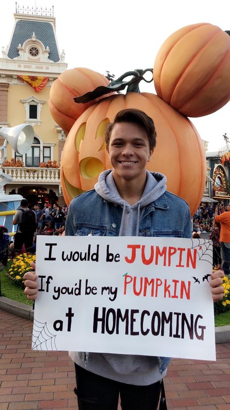 disneyland homecoming proposal 🎃 Fall Homecoming Proposals, Halloween Homecoming Proposal, Halloween Themed Hoco Proposal, Fall Themed Hoco Proposal, Wofo Posters, Halloween Hoco Proposals, Halloween Dance Proposal Ideas, Pumpkin Proposal, Proposal Ideas Disney