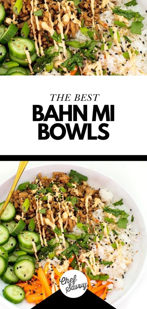 Save this Easy Healthy Chicken Vietnamese Banh Mi Bowls Recipe. These Banh Mi Bowls are an iconic twist on a traditional banh mi sandwich, featuring savory ground chicken, hot rice, pickled carrots, crisp vegetables, and a homemade spicy mayo sauce! Follow Chef Savvy for more Dinner Ideas for Family! Chicken Banh Mi Bowl, Chicken Banh Mi Sandwich Recipe, Banh Mi Rice Bowl, Bon Mi Bowl, Hahn Mi Sandwich, Bahn Mi Bowl Chicken, Vietnamese Chicken Bowl, Healthy Bahn Mi Bowl, Ban Mi Bowl