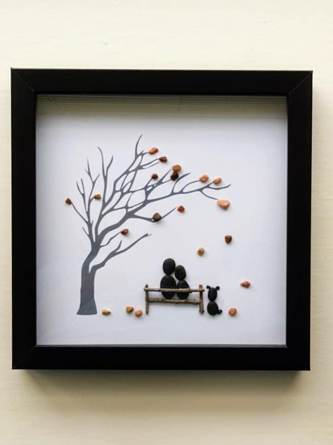 Personalized Couple and Dog Pebble Art Fall Tree, Anniversary Gift, Autumn Tree Pebble Art, Sitting in Park Wall Rock Art, Gift for Dog Mom - Etsy Pebble Craft Ideas, Cat Pebble Art Ideas, Couple Rock Painting Ideas, Pebble People Art Ideas, Fall Pebble Art, Rock Pictures Diy Pebble Art, Shell Paintings, Beach Crafts For Kids, Rock Pictures