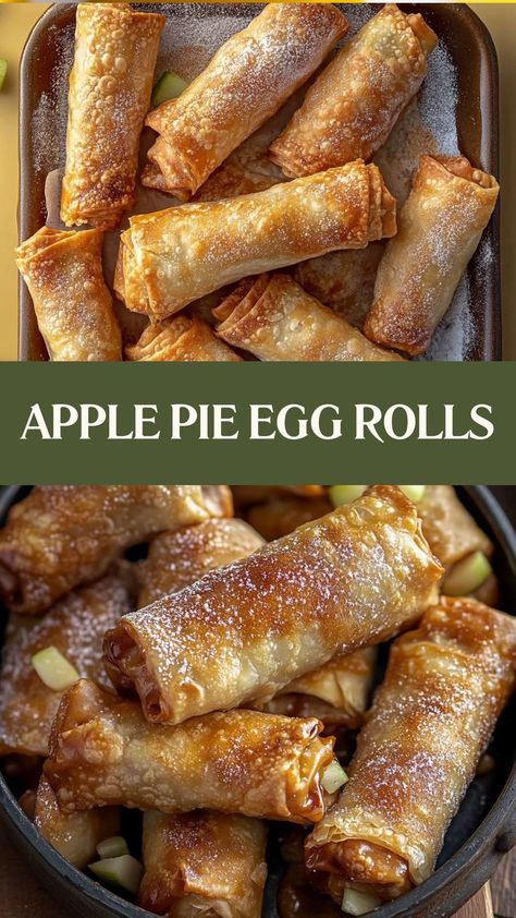 Crispy, golden, and filled with a warm apple pie filling—these apple pie egg rolls are the perfect bite-sized treat! 🍏🥟 #ApplePieTwist #CrispyDelight #PieInAnEggRoll #ModernDessert #SweetTreats #FriedGoodness #AppleDesserts #ComfortFood #CrispyBites #DessertInnovation Apple Pie Filling Desserts, Apple Pie Egg Rolls, Pie Filling Desserts, Cozy Dinner Party, Egg Roll Filling, Perfect Apple Pie, Caramel Rolls, Apple Pie Bites, Classic Apple Pie