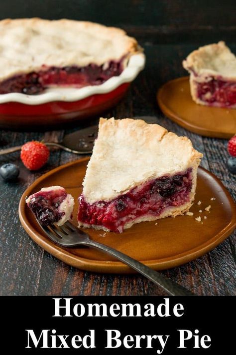 This easy-to-make mixed berry pie is bursting with fruit flavor and wrapped in a tender flaky pie crust. It's made from scratch with only 8 ingredients and takes less than an hour to make from start to finish! #mixedberrypie #tripleberrypie #easyfruitpie #recipe Fruit Pie Recipes Easy, Easy Fruit Pie, Fruit Pie Recipe, Triple Berry Pie, Buttery Flaky Pie Crust, Mixed Berry Pie, Blackberry Pie, Blackberry Recipes, Slab Pie