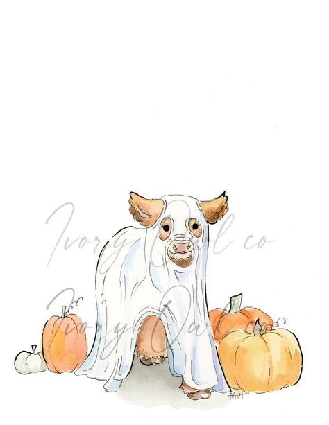 The Spooky Ghost Cow is a part of a series of Ghost animals. The minimal watercolor design will fit in perfectly for the Halloween season. These prints add a fun touch of whimsy to anyone's home, as well as remind us of our beloved pets. Watermark will not appear on print. Please note - USPS shipments may be delayed at this time, or you may see a lack of updating on tracking information due to current events affecting the Post Office. If you have a time sensitive order you may want to consider s Halloween Drawings Cute, Cow Drawing Ideas, Ghost Animals, Ghost Cow, Cute Halloween Drawings, Minimal Watercolor, Halloween Cow, Cow Drawing, Fall Drawings