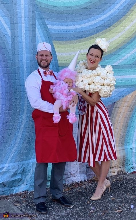 Jennifer: We are the Dickerson family and we’re dressed as carnival food and a vendor. My daughter, her first Halloween, is cotton candy. I am popcorn. My husband is a food... Popcorn Couple Costume, Circus Popcorn Costume, Carnival Food Costumes, Food Dress Up Costume, Family Food Halloween Costumes, Junk Food Costume, Carnevil Halloween Party Costumes, Family Circus Halloween Costumes, Carnival Dress Up Ideas