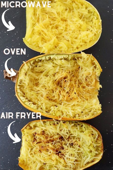 three halves of cooked spaghetti squash on cutting board with text overlay Air Fryer Spaghetti Squash, Air Fryer Spaghetti, Cooked Spaghetti Squash, Spaghetti Squash Microwave, Ground Turkey Chili Recipe, Squash In Oven, Perfect Spaghetti, Easy Spaghetti Squash, Spaghetti Squash Recipes Easy