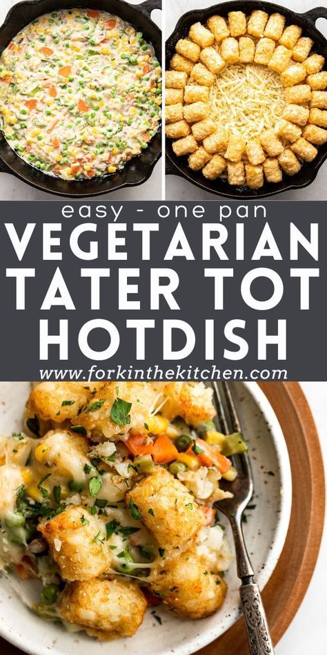 Tator Tot Casserole Recipe Easy No Meat, Fast Easy Vegetarian Meals, Veggie Pot Pie Casserole, Vegetarian Hot Dish Recipes, Vegetarian Noodle Casserole, Tater Tot Casserole Meatless, Yummy Vegitarian Foods, Tator Tot Casserole Vegetarian, Tater Tot Veggie Casserole