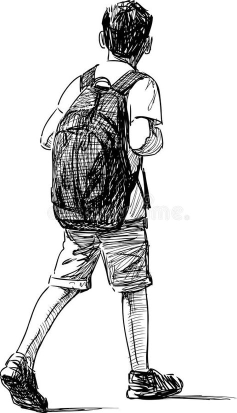 How To Draw A Backpack On A Person, Human Sketches Easy, Backpack Ink Drawing, People Walking Drawing, Person From Behind Reference, Person Walking Reference, Backpack Sketch, Drawing Backpack, Backpack Drawing