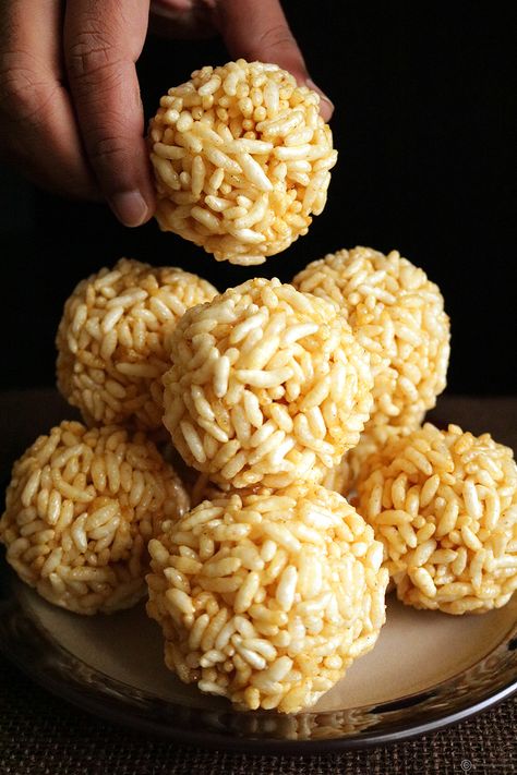 pori urundai Rice Balls Recipe, Kids Recipe, Rice Recipes For Dinner, Snacks For Kids, Puff Recipe, Puffed Rice, Ginger Recipes, Indian Sweet, Rice Balls