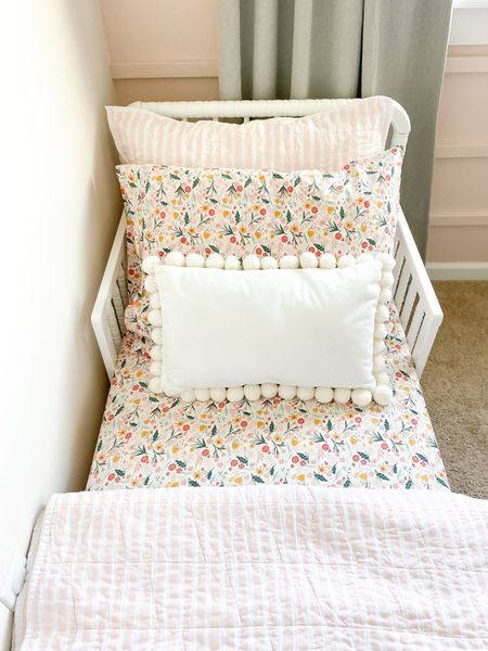 Toddler girl room. Magnolia Paint Ella Rose. Jenny Lind bed. Floral, girly room. Toddler Girl Bedding Ideas, Wildflower Toddler Girl Room, Floral Toddler Room, Floral Toddler Girl Room, Girl Toddler Bed, Toddler Bedding Girl, Toddler Girl Bedding, Jenny Lind Toddler Bed, Girl Floral Bedroom