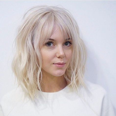 Long Platinum Bob with Wavy Fringe and Parted Bangs - Get this Hairstyle:http://hairstyleology.com/long-platinum-bob-with-wavy-fringe-and-parted-bangs/ Lob Fringe, Blonde Lob With Bangs, Bob Fringe, Longbob Hair, Lob With Bangs, Perfect Bangs, Cut Bangs, Blonde Lob, Blonde Bangs