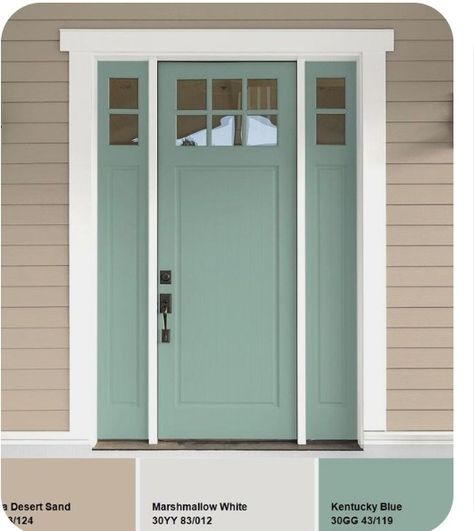 Exterior Facelift, Green Front Door, Flat Exterior, Exterior Door Colors, Tan House, Green Exterior, Front Door Paint Colors, Door Colors, Exterior House Paint Color Combinations