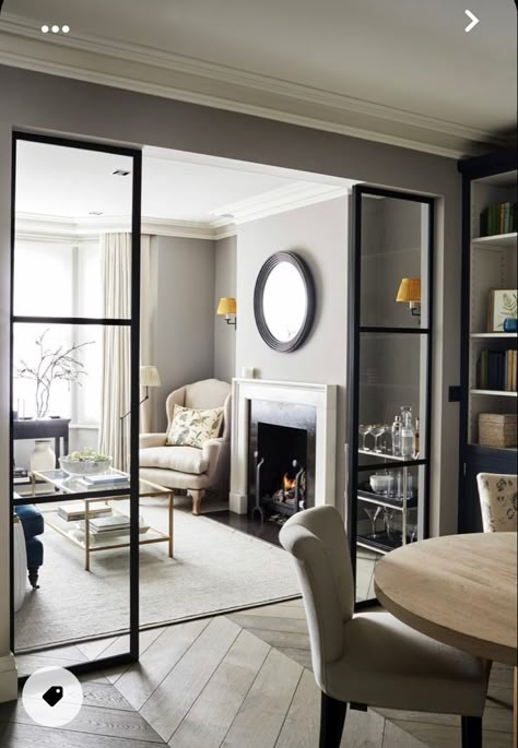 Front Room And Dining Room Ideas, Crittal Partition Wall, Dividing Doors Living Room, Room Dividing Doors, Front Door Into Living Room, Front Extension Ideas, Crittal Doors Extension, Home Extension Ideas, Crittall Doors