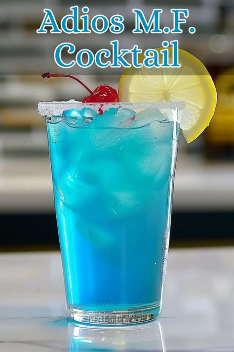 The Adios MF is a vibrant and potent cocktail known for its bright blue color and high alcohol content. It combines vodka, rum, tequila, gin, and blue curaçao with a balance of lemon juice and simple syrup, topped with lemon-lime soda. Adios Drink Recipe, Tequila Drinks Easy, Bright Blue Color, Yummy Alcoholic Drinks, Tequila Drinks, Lemon Lime Soda, Blue Cocktails, Cocktail Recipes Easy, Blue Curacao