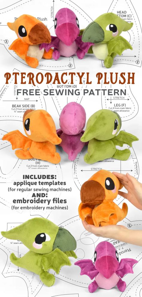 Free Pattern Friday! Pterodactyl Plush – Sew Desu Ne? Felt Sewing Patterns Free, Plush Template, Cute Pterodactyl, Choly Knight, Flying Lemur, Sewing Animals, Diy Plush, Stuff Toys, Sewing Creations