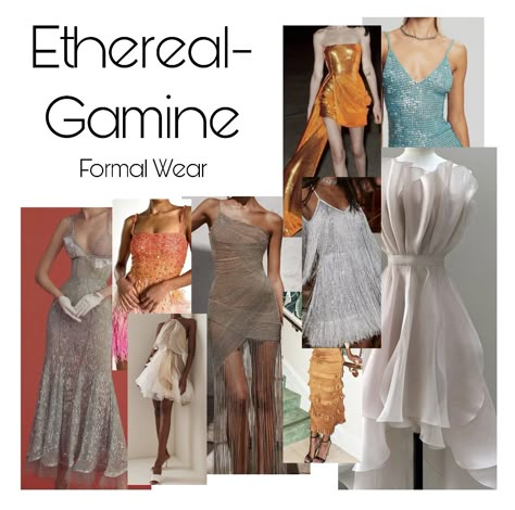 A collage of Ethereal-Gamine essence inspiration for formal wear. Ethereal Essence Casual Outfits, Ethereal Gamine Essence, Ethereal Dramatic Classic, Flamboyant Gamine Dress, Romantic Ethereal Style, Ethereal Essence Outfits, Ethereal Wardrobe, Gamine Aesthetic, Boyish Aesthetic