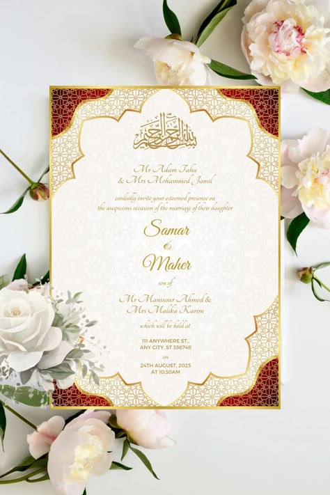 Islamic  White, Gold and Green Wedding invitation, Nikkah Invitation, Muslim Wedding Invite, islamic wedding card This is a digital product (there is no physical product being shipped). This is an editable Islamic wedding invite that features a white and gold colour theme. You will be able to customise this template as you wish, use it as as many times as you want, print copies or even use as a digital invite. You will receive: - Lifetime access to a 5" x 7" printable Muslim wedding invite (whic Muslim Wedding Card Template, Wedding Cards Printable, Muslim Engagement Invitation Cards, Islamic Invitation, Nikkah Cards Invitations, Nikah Invitation Cards, Muslim Wedding Card, Islamic Wedding Card, Islamic Wedding Invitations