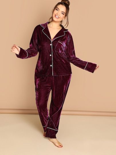 Shop Plus Contrast Tipping Buttoned Velvet Top & Pants Set online. SheIn offers Plus Contrast Tipping Buttoned Velvet Top & Pants Set & more to fit your fashionable needs. Set Clothes, Velvet Blouse, Plus Size Pajamas, Velvet Shirt, Velvet Blouses, Velvet Top, Blouse Pants, Top Pants Set, Moda Plus