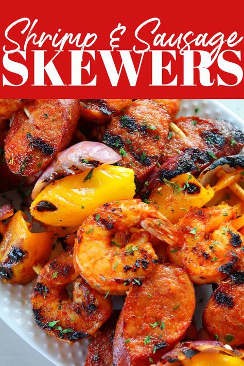 Shrimp And Sausage Kabobs On The Grill, Grilled Shrimp And Sausage Recipes, Oven Shish Kabobs, Sausage Skewers, Sausage Kabobs, Fireworks Party, Shish Kabob, Best Easy Dinner Recipes, Shrimp And Sausage