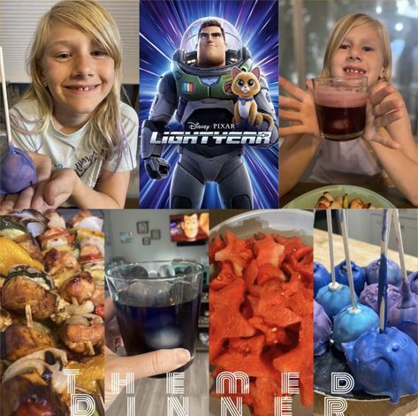 Need sone ideas for a Buzz Lightyear themed dinner! We have a dinner, drink and dessert Lightyear Movie, Sparkling Grape Juice, Themed Recipes, Robot Cat, Disney Dinner, Themed Dinner, Dinner And A Movie, Chicken Kabobs, Star Cookies