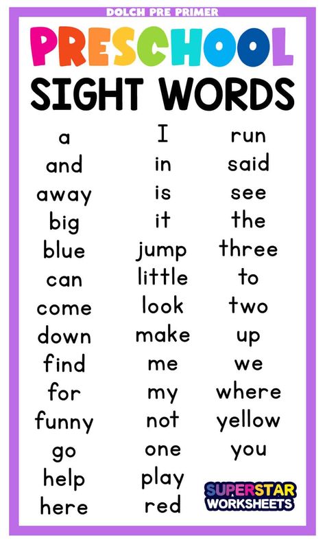 Free preschool sight word lists, printables, games, activities, worksheets and more! Teach your child to read with our free sight word printables from Dolch Pre Primer Sight Word Lists. Dolch Sight Word Activities, Sight Word Worksheets Free, Sight Word Spelling, Basic Sight Words, Words Worksheet, Pre Primer Sight Words, Preschool Sight Words, Cvc Words Kindergarten, Sight Words Printables