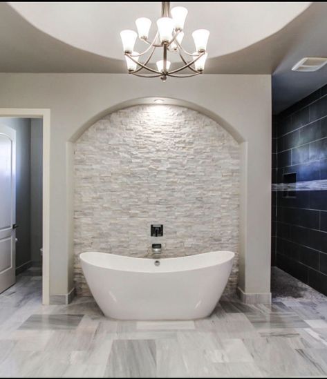 Soaker Tub Wall Ideas, Rock Wall Behind Bathtub, Tub And Shower On Same Wall, Wall Behind Tub Master Bath, Bath Tub Feature Wall, Bathtub Feature Wall, Master Bath Accent Wall Behind Tub, Bathtub In Front Of Shower Wall, Walk Through Shower Behind Tub Layout