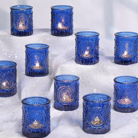 PRICES MAY VARY. 🦋 [Unique Butterfly Embossed Design]🦋 - Blue votive candle holders with unique butterfly embossed design, when liting the candle, a sweet and romantic ambiance. Butterflies are a symbol of beautiful love, so vintage butterfly candle holders are the perfect decoration for romantic weddings, candlelight dinner, engagements and anniversaries. 💙 [Wedding Decor ] 💙 - Blue votive holders are an indispensable decoration for wedding witnesses. The exquisite patterns and the dazzling Constellation Wedding Decor, Table Centerpieces For Anniversary Party, Cosmic Wedding Decor, Purple Winter Wonderland Wedding, Blue Vintage Decor, Celestial Wedding Table Decor, Blue Purple And Silver Wedding, Celestial Table Decor, Night Under The Stars Theme Wedding