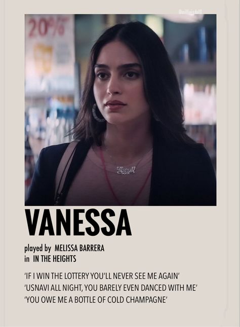 Vanessa In The Heights, Nina Aesthetic, Character Polaroid, Latina Actresses, 21 Chump Street, Minimalist Character, Melissa Barrera, Upper Manhattan, Character Posters