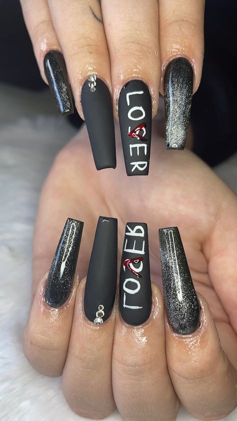 Black Nails Loser Lover Nail Designs, Medium Length Nails Acrylic Coffin Halloween, October Nails Halloween Black, Loser Nails Design, Loser Lover Acrylic Nails, October Nails Coffin, Edgy Nails Grunge Coffin, Pop Punk Nails, It Clown Nails