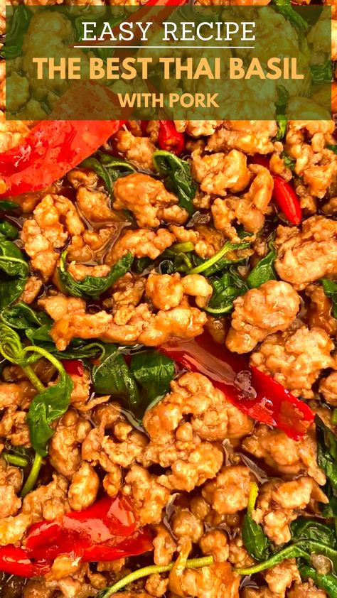 A close up of Thai basil with pork and red chilies.