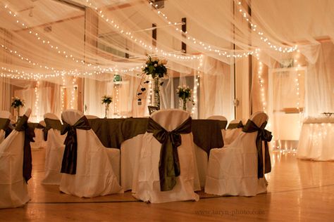 Gym Wedding Reception, Gym Reception, Reception Ceiling, Tulle Lights, Tulle Decorations, Mississippi Wedding, Indoor Wedding Receptions, Church Wedding Decorations, Banquet Decorations