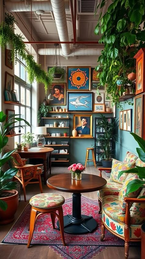 coffee shop interior design Market Cafe Design, Cozy Cafe Sofa, Colorful Coffee Shop Interiors, Green Wall Coffee Shop, English Coffee Shop Design, Cafe Interior Colorful, Funky Cafe Design, Eclectic Cafe Design, Cosy Coffee Shop Interiors