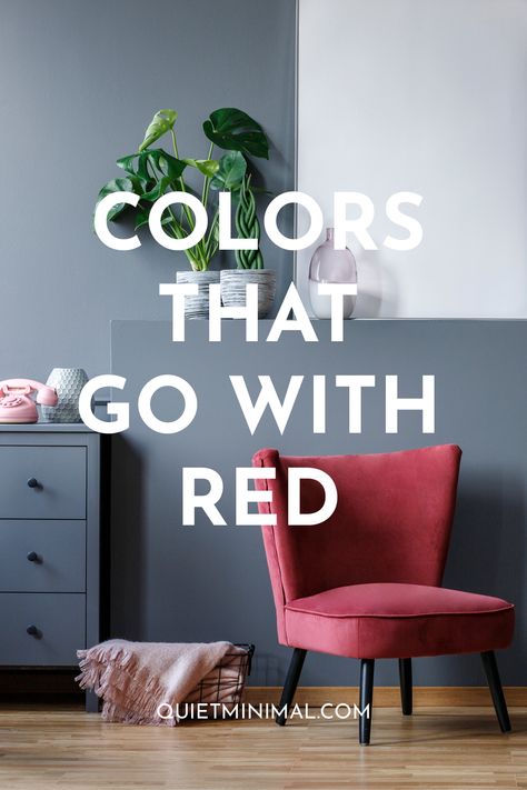 Colors That Go With Red - Quiet Minimal Red Accent Chairs For Living Room Ideas, Living Room Paint Color Ideas With Red Furniture, Wall Color For Red Couch, Red Armchair Living Room, Office With Red Accents, Decorating With Red Accents, Small Living Room Colors Scheme, Red Chairs Living Room Decor, Red Furniture Living Room Ideas