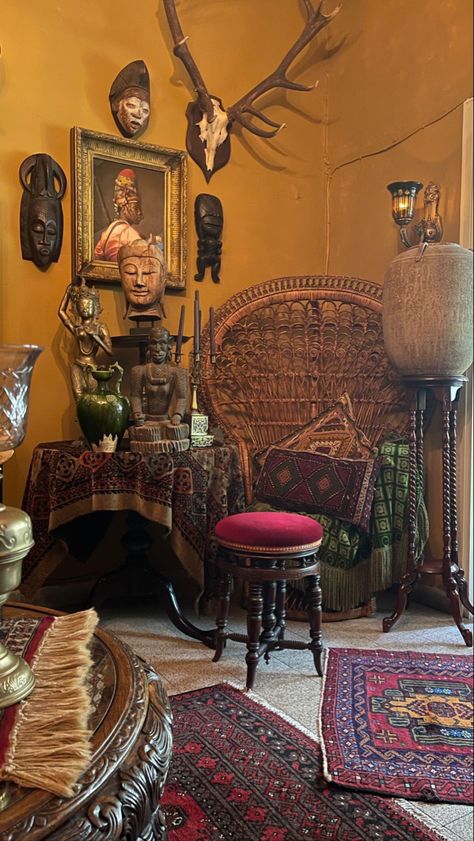 Maximalist peacock chair corner at my original living room Vintage Maximalism Living Room, Maximalism Living Room, Victorian Room Decor, Boho Maximalism, Maximalist Decor Vintage, African Room, Vintage Maximalism, Chair Corner, Victorian Room