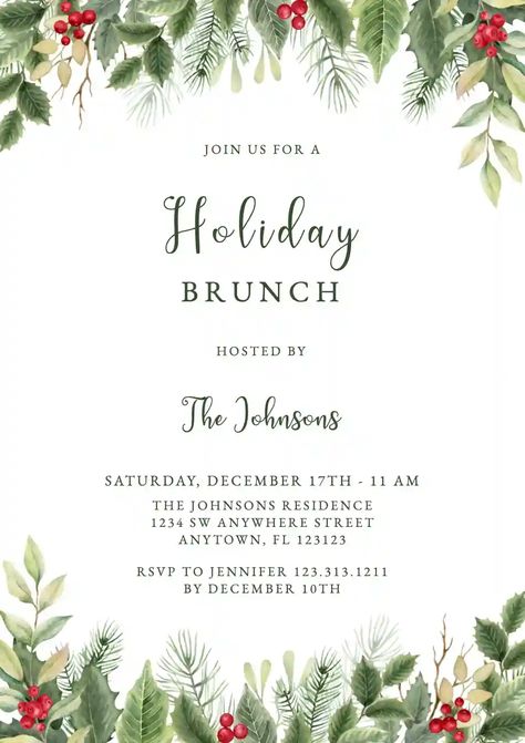 Christmas Brunch Invitations, Brunch Invitations Template, Breakfast Invitation, Christmas Party Invitations Free, Hosting Brunch, Brunch Bar, Christmas Party Invitation Template, Invitation Maker, Holiday Brunch