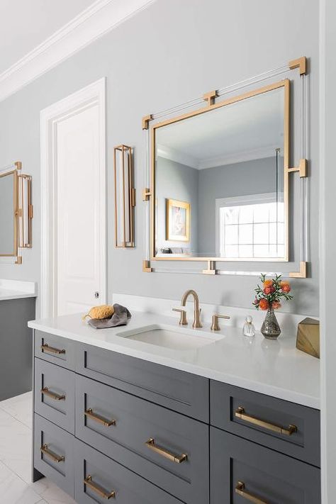 Bathroom Vanity With Gold Hardware, Grey Vanity With Gold Hardware, Gray Vanity With Gold Hardware, Grey Bathroom With Gold Fixtures, Light Gray Vanity With Gold Hardware, Gold Bathroom Mirror Ideas, Gray And Gold Bathroom Ideas, Grey And Gold Bathroom Ideas, Grey Gold Bathroom