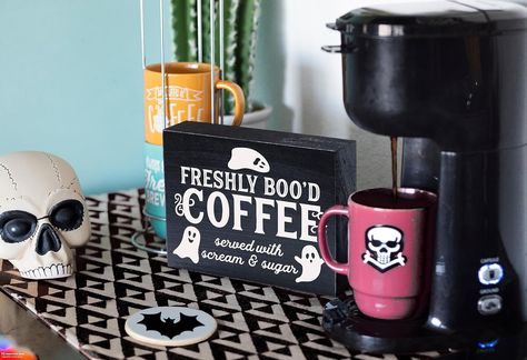 Freshly Booed Coffee Gothic Kitchen Decor, Kitchen Witch Decor, Halloween Coffee Bar, Funny Coffee Signs, Gothic Kitchen, Halloween Kitchen Decor, Decor For Halloween, Coffee Bar Decor, Coffee Bars In Kitchen