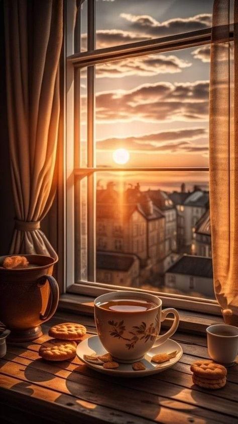 Coffee Morning Aesthetic, Coffee Sunrise, Morning Coffee Aesthetic, Wallpaper Sunrise, Window Wallpaper, Sunrise Coffee, Sunrise Wallpaper, الفن الرقمي, Coffee Vector