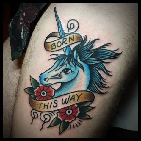 Traditional Unicorn Tattoo, Tattoo Poetry, Traditional Unicorn, Label Tattoo, Unicorn Tattoo Designs, Unicorn Tattoo, Traditional Tattoo Inspiration, Unicorn Tattoos, Vintage Cowgirl Art