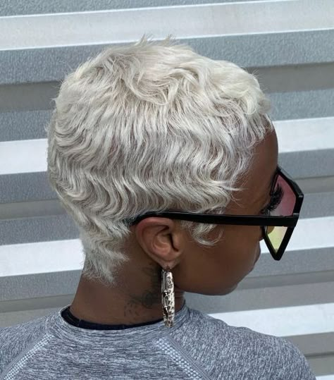 White Blonde Pixie for Black Women Platinum Hair Color Ideas Icy Blonde, Short Blonde Pixie Black Women, Short Gray Hair Over 50, Blonde Baddie, White Blonde Hair Color, Blonde Twa, Short Platinum Blonde Hair, Finger Waves Short Hair, Platinum Blonde Pixie