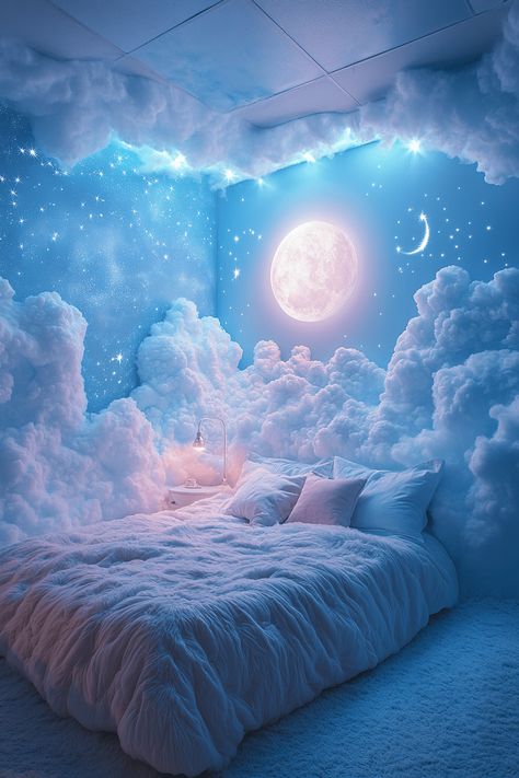 Whimsical bedroom kids Cloud Ceiling Bedroom, Whimsical Bedroom Kids, Bedroom Ideas Paint, Starry Aesthetic, Ethereal Theme, Space Bedroom Ideas, Airy Curtains, Celestial Bedroom, Cloud Bedroom