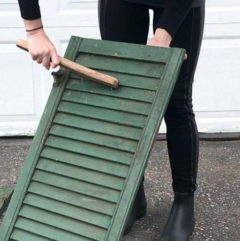 Next time you're at a flea market grab an old shutter for this gorgeous farmhouse kitchen idea! diy | diy home decor | diy kitchen | kitchen decor | kitchen upcycles | kitchen island | diy kitchen island | build a shelf | shelf | shelving | diy shelving | kitchen hacks | diy life hacks | upcycles | diy upcycles Gray Dresser Makeover, Old Window Shutters, Diy Towel Rack, Builder Grade Kitchen, Cabinet Trim, Diy Shutters, Rustic Kitchen Island, Small Remodel, Old Shutters